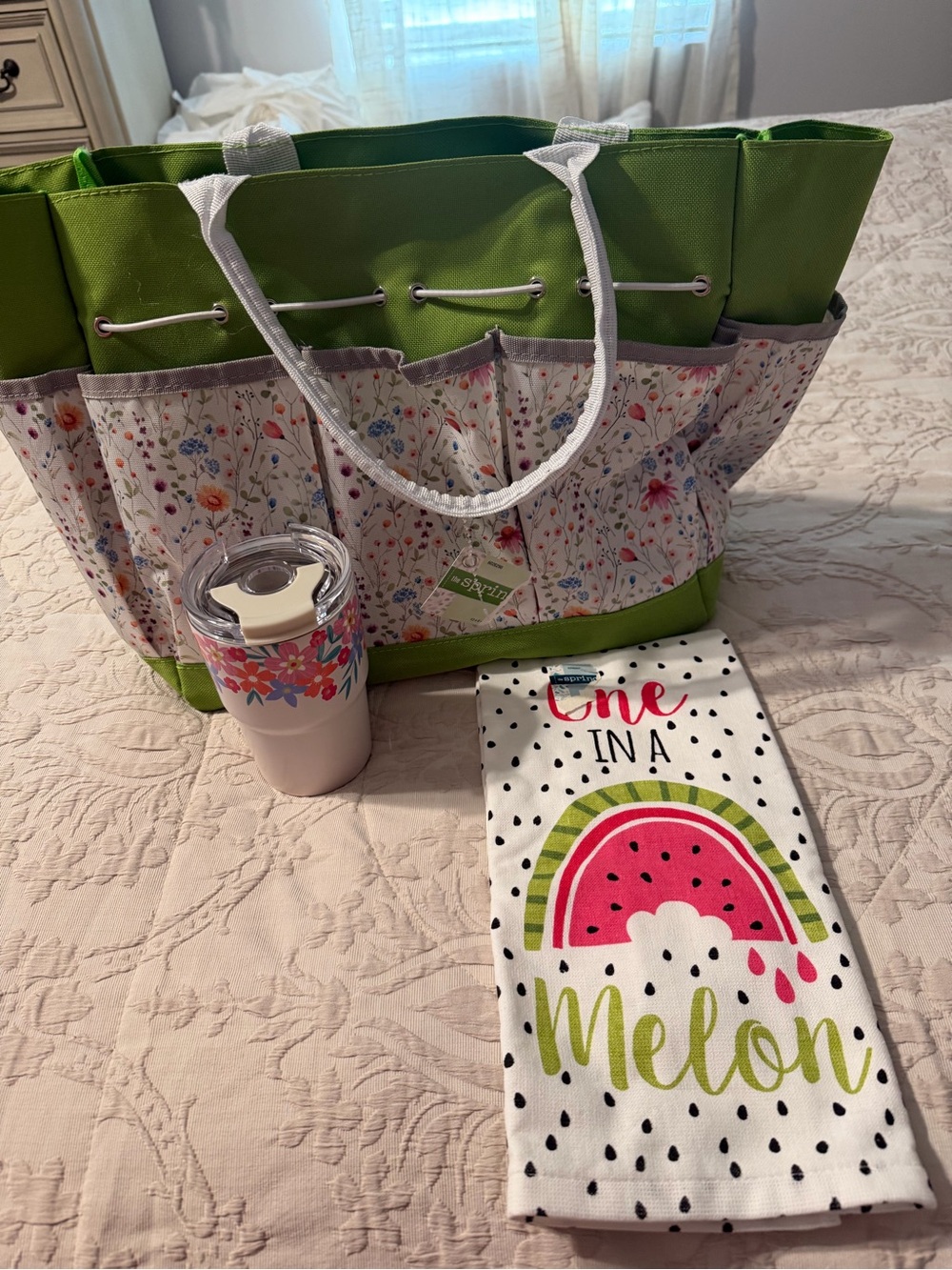 Green Floral Tote Bag with Matching Drink Tumbler and Watermelon Towel